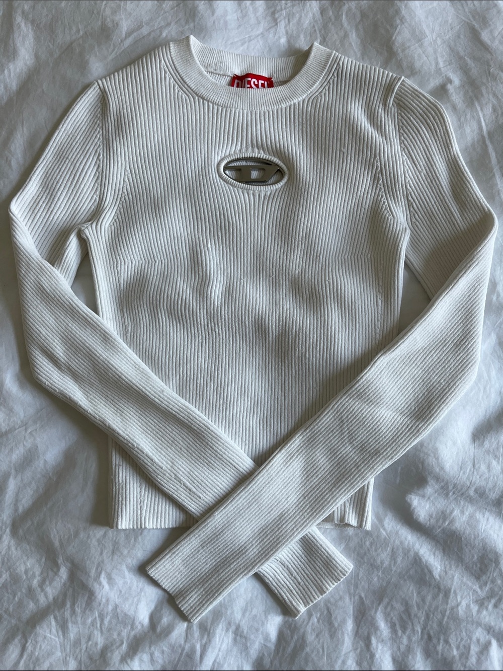 Diesel White Long Sleeve Ribbed knit Long Sleeve Baby tee D Logo Metal Cutout